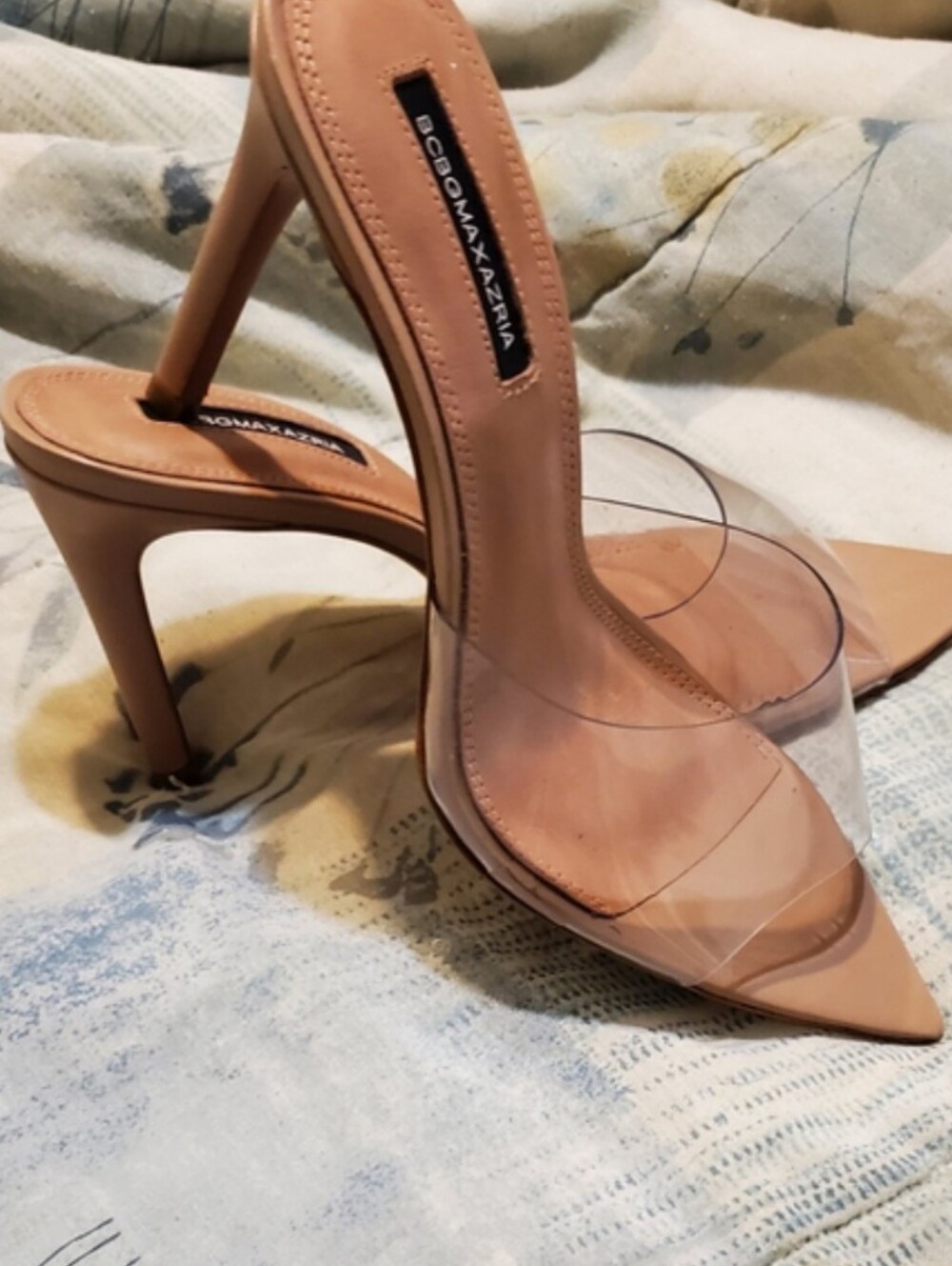 BCBGMAXAZRIA Nude Clear Strap Pointed Toe Stiletto Heels